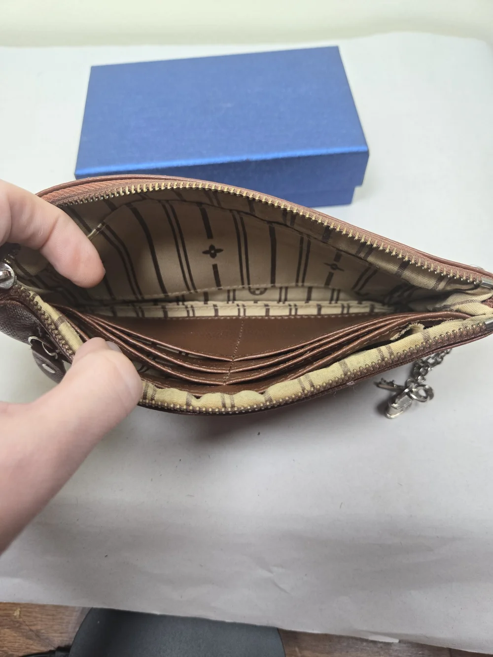 Vintage Louis Vuitton Brown Leather Zip Pouch with Chain Charm - Needs TLC